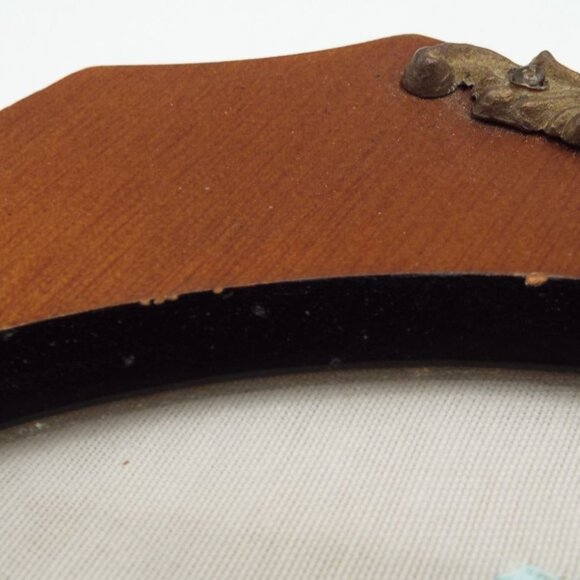 Vintage Oval Glass and Wood Embroidered Floral Serving Vanity Tray Brass Handles - Picture 8 of 8